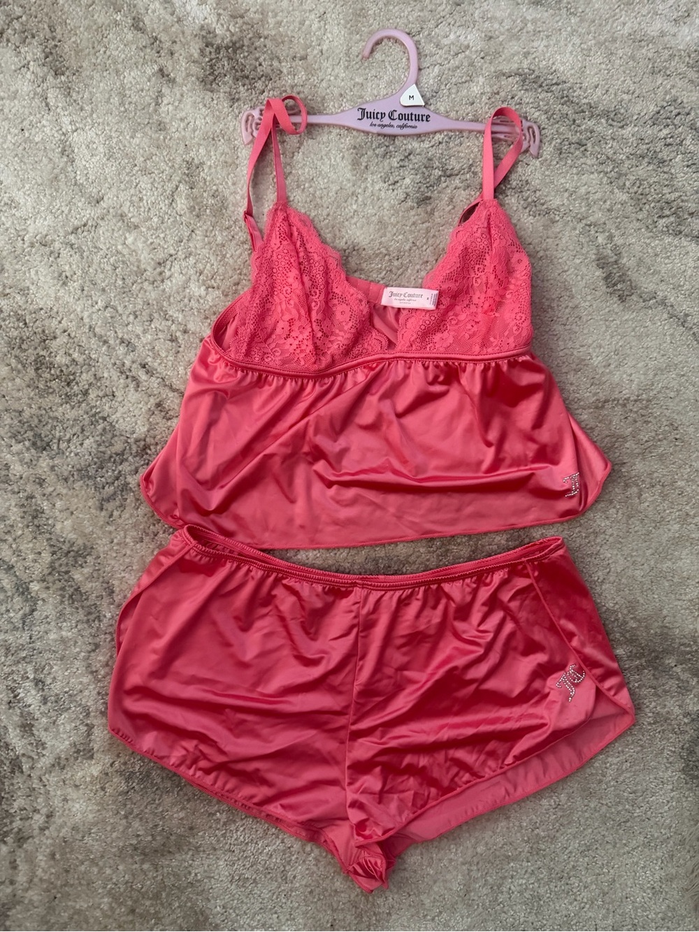 Juicy Couture Satin Pink Lace-Trim Sleep Cami & Shorts Set